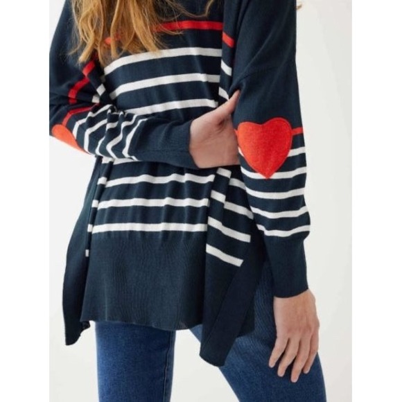 Mersea Amour Sweater OS Navy Blue Red White Stripe Heart Elbow Patches French - Picture 2 of 9